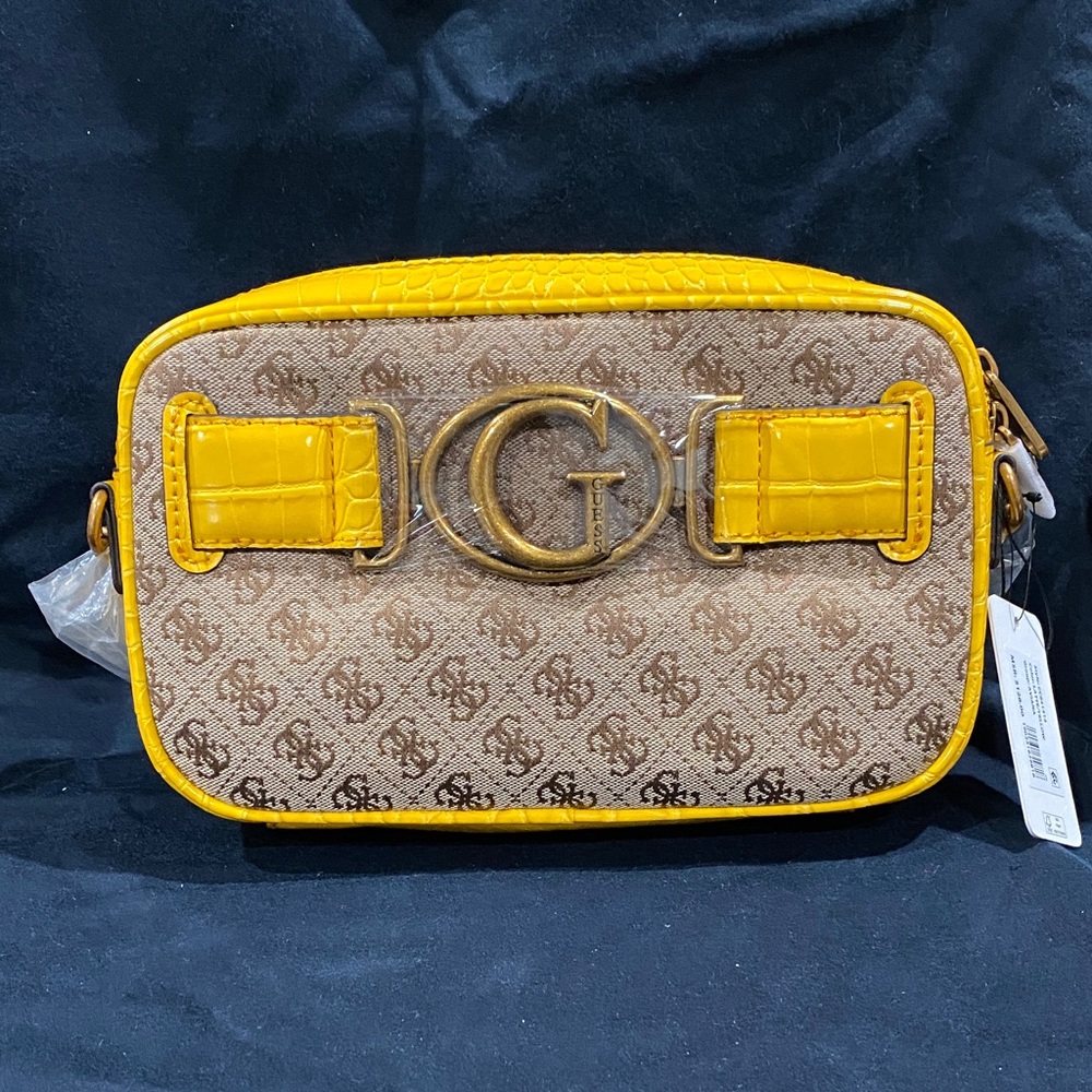 GUESS Yellow Trim Monogram Crossbody Bag
